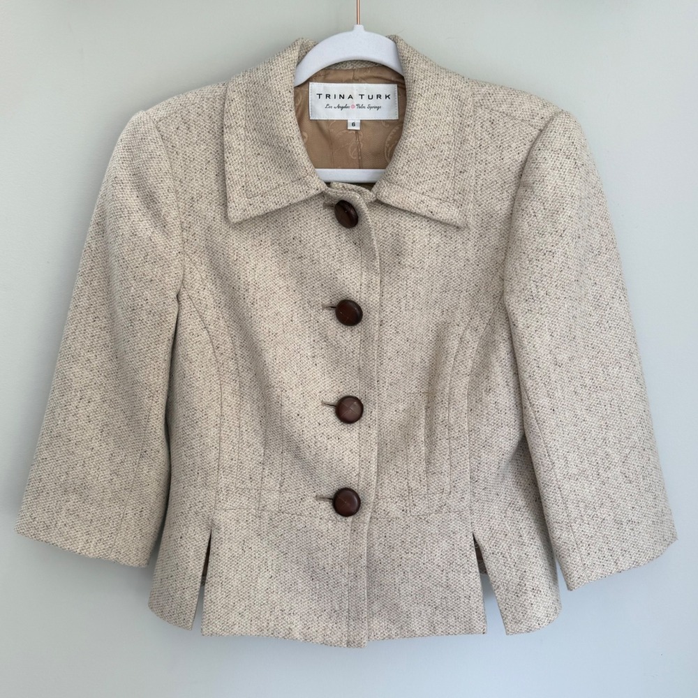 Trina Turk Womens Cream Beige Tweed Cropped Blazer Jacket Size 6 Wool Blend VTG